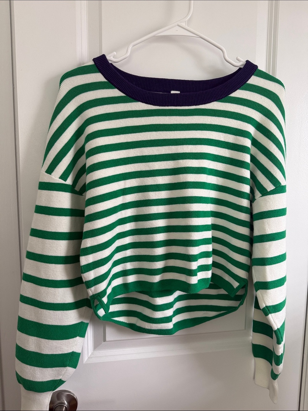 Green and White Striped Women’s Scoop Neck Sweater